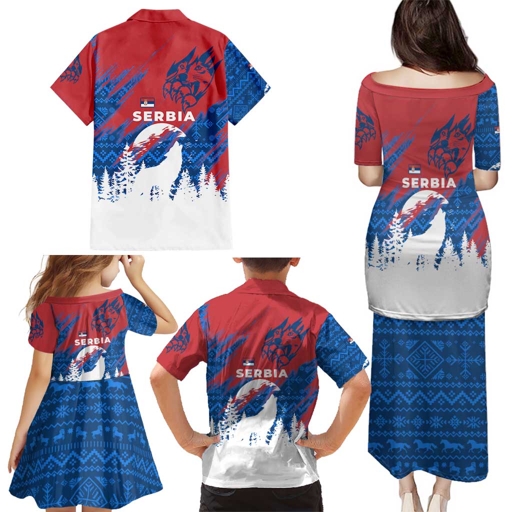 Serbia Christmas Family Matching Puletasi and Hawaiian Shirt with Wolf Howling Moon Serbian Flag and Red Blue White Winter Forest Pattern Design - Wonder Print Shop