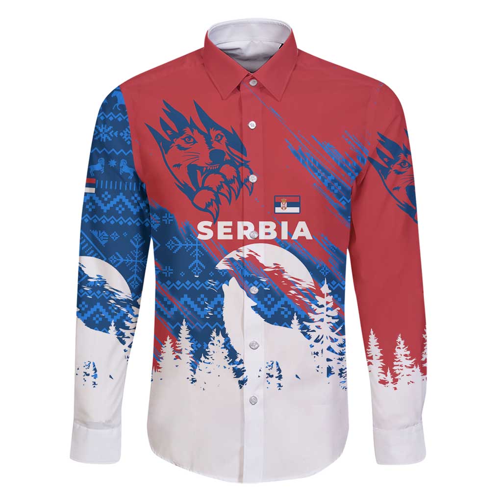 Serbia Christmas Family Matching Puletasi and Hawaiian Shirt with Wolf Howling Moon Serbian Flag and Red Blue White Winter Forest Pattern Design - Wonder Print Shop