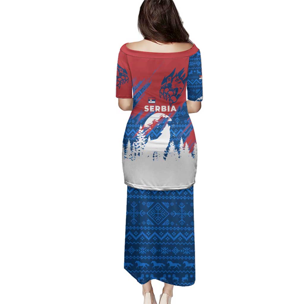 Serbia Christmas Family Matching Puletasi and Hawaiian Shirt with Wolf Howling Moon Serbian Flag and Red Blue White Winter Forest Pattern Design - Wonder Print Shop