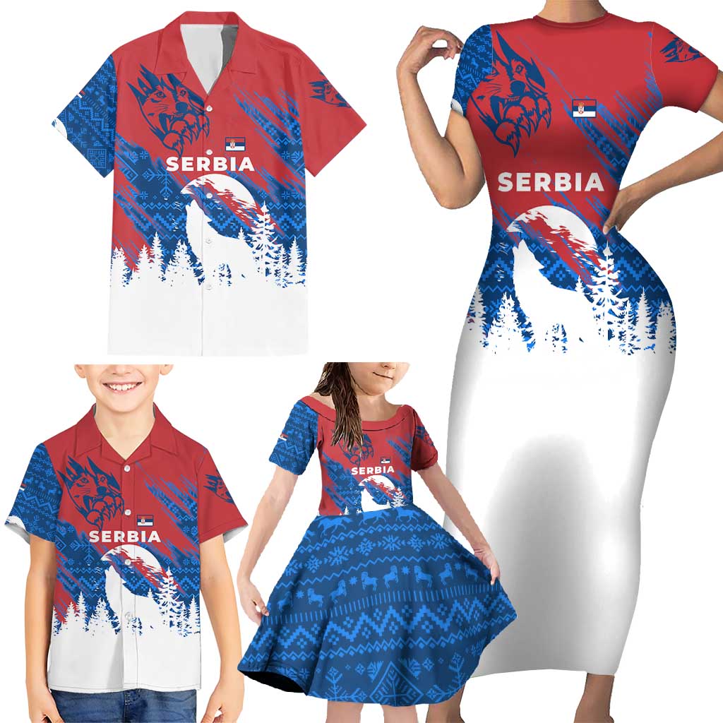 Serbia Christmas Family Matching Short Sleeve Bodycon Dress and Hawaiian Shirt with Wolf Howling Moon Serbian Flag and Red Blue White Winter Forest Pattern Design - Wonder Print Shop