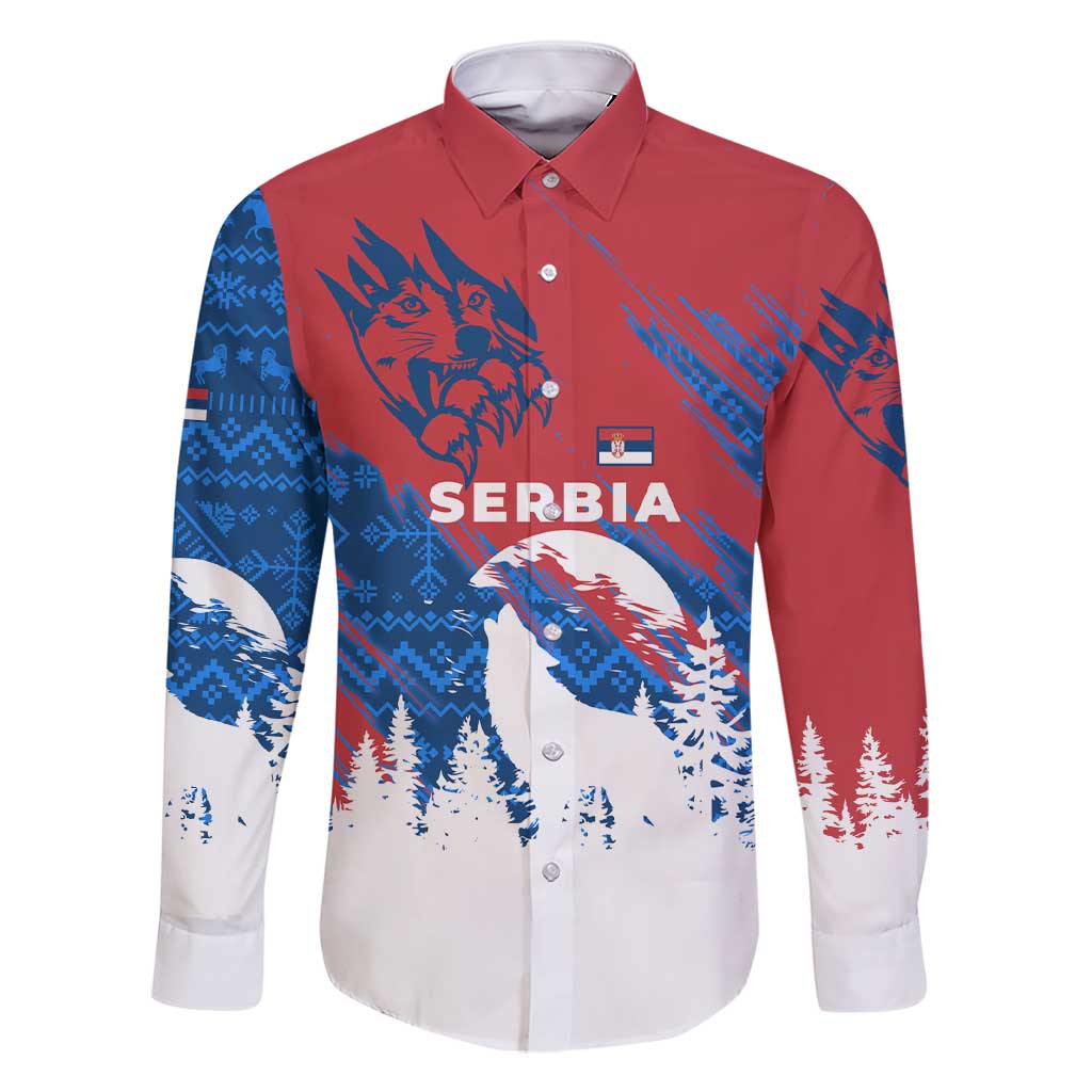 Serbia Christmas Family Matching Short Sleeve Bodycon Dress and Hawaiian Shirt with Wolf Howling Moon Serbian Flag and Red Blue White Winter Forest Pattern Design - Wonder Print Shop
