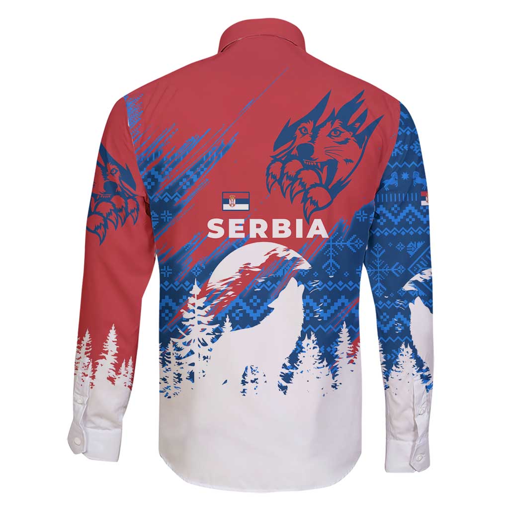 Serbia Christmas Family Matching Short Sleeve Bodycon Dress and Hawaiian Shirt with Wolf Howling Moon Serbian Flag and Red Blue White Winter Forest Pattern Design - Wonder Print Shop
