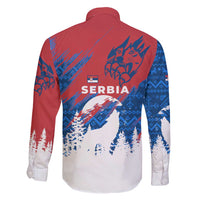 Serbia Christmas Family Matching Short Sleeve Bodycon Dress and Hawaiian Shirt with Wolf Howling Moon Serbian Flag and Red Blue White Winter Forest Pattern Design - Wonder Print Shop