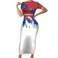 Serbia Christmas Family Matching Short Sleeve Bodycon Dress and Hawaiian Shirt with Wolf Howling Moon Serbian Flag and Red Blue White Winter Forest Pattern Design - Wonder Print Shop