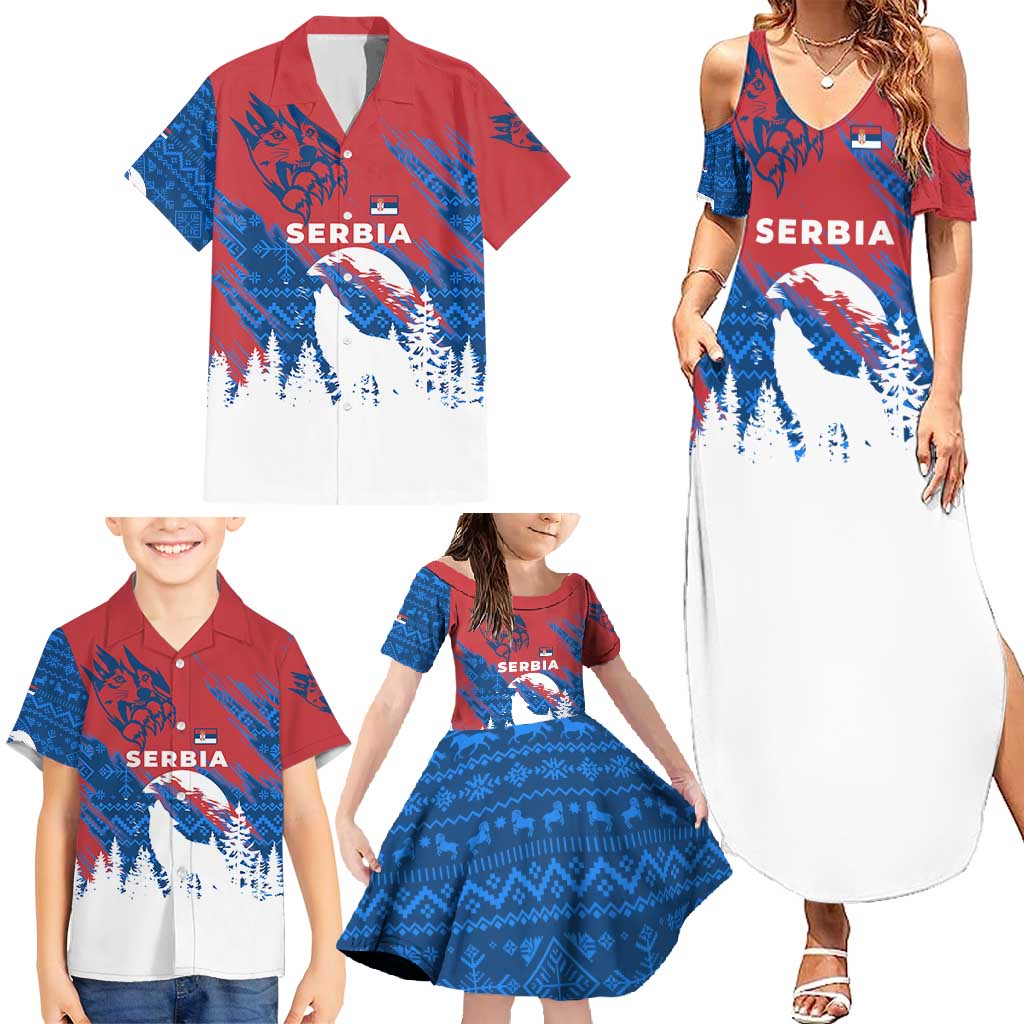 Serbia Christmas Family Matching Summer Maxi Dress and Hawaiian Shirt with Wolf Howling Moon Serbian Flag and Red Blue White Winter Forest Pattern Design - Wonder Print Shop