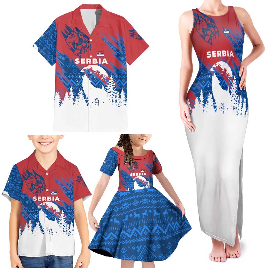 Serbia Christmas Family Matching Tank Maxi Dress and Hawaiian Shirt with Wolf Howling Moon Serbian Flag and Red Blue White Winter Forest Pattern Design - Wonder Print Shop