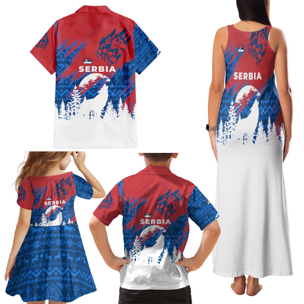 Serbia Christmas Family Matching Tank Maxi Dress and Hawaiian Shirt with Wolf Howling Moon Serbian Flag and Red Blue White Winter Forest Pattern Design - Wonder Print Shop