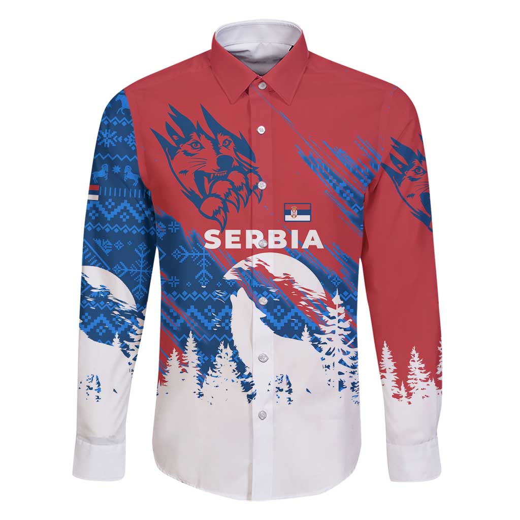 Serbia Christmas Family Matching Tank Maxi Dress and Hawaiian Shirt with Wolf Howling Moon Serbian Flag and Red Blue White Winter Forest Pattern Design - Wonder Print Shop