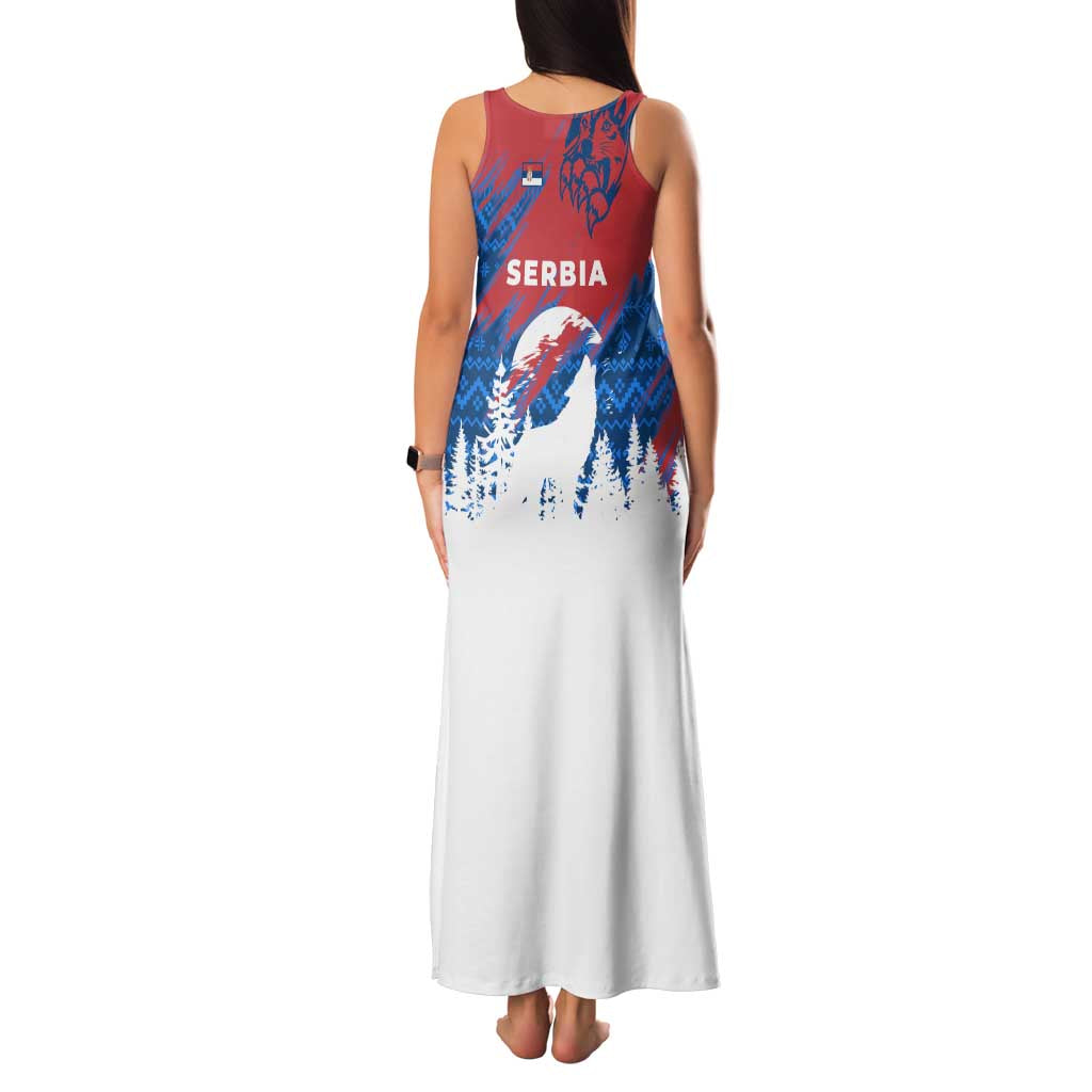 Serbia Christmas Family Matching Tank Maxi Dress and Hawaiian Shirt with Wolf Howling Moon Serbian Flag and Red Blue White Winter Forest Pattern Design - Wonder Print Shop