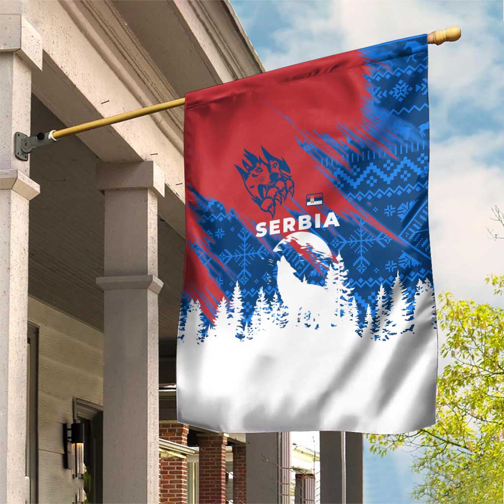Serbia Christmas Garden Flag with Wolf Howling Moon Serbian Flag and Red Blue White Winter Forest Pattern Design - Wonder Print Shop