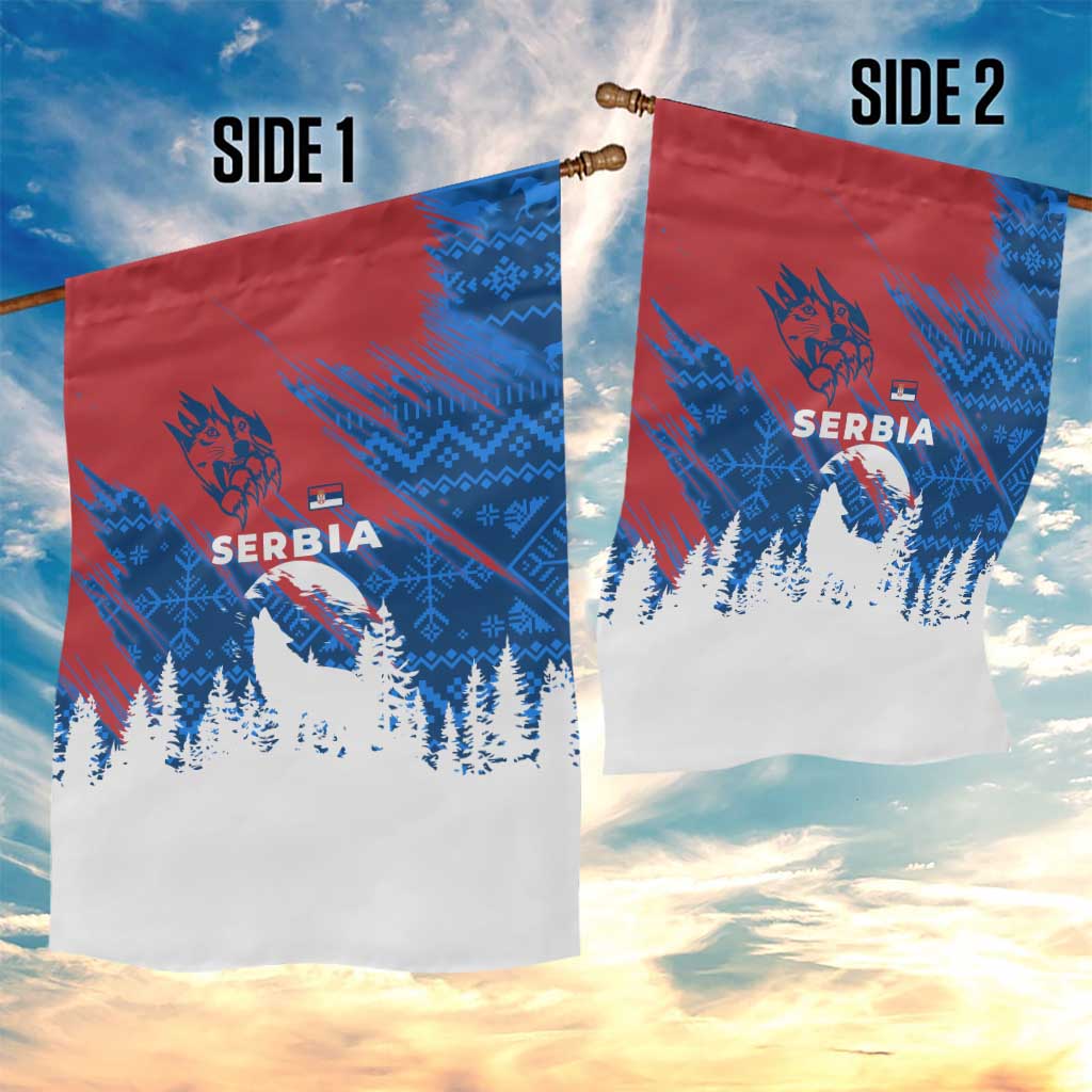 Serbia Christmas Garden Flag with Wolf Howling Moon Serbian Flag and Red Blue White Winter Forest Pattern Design - Wonder Print Shop