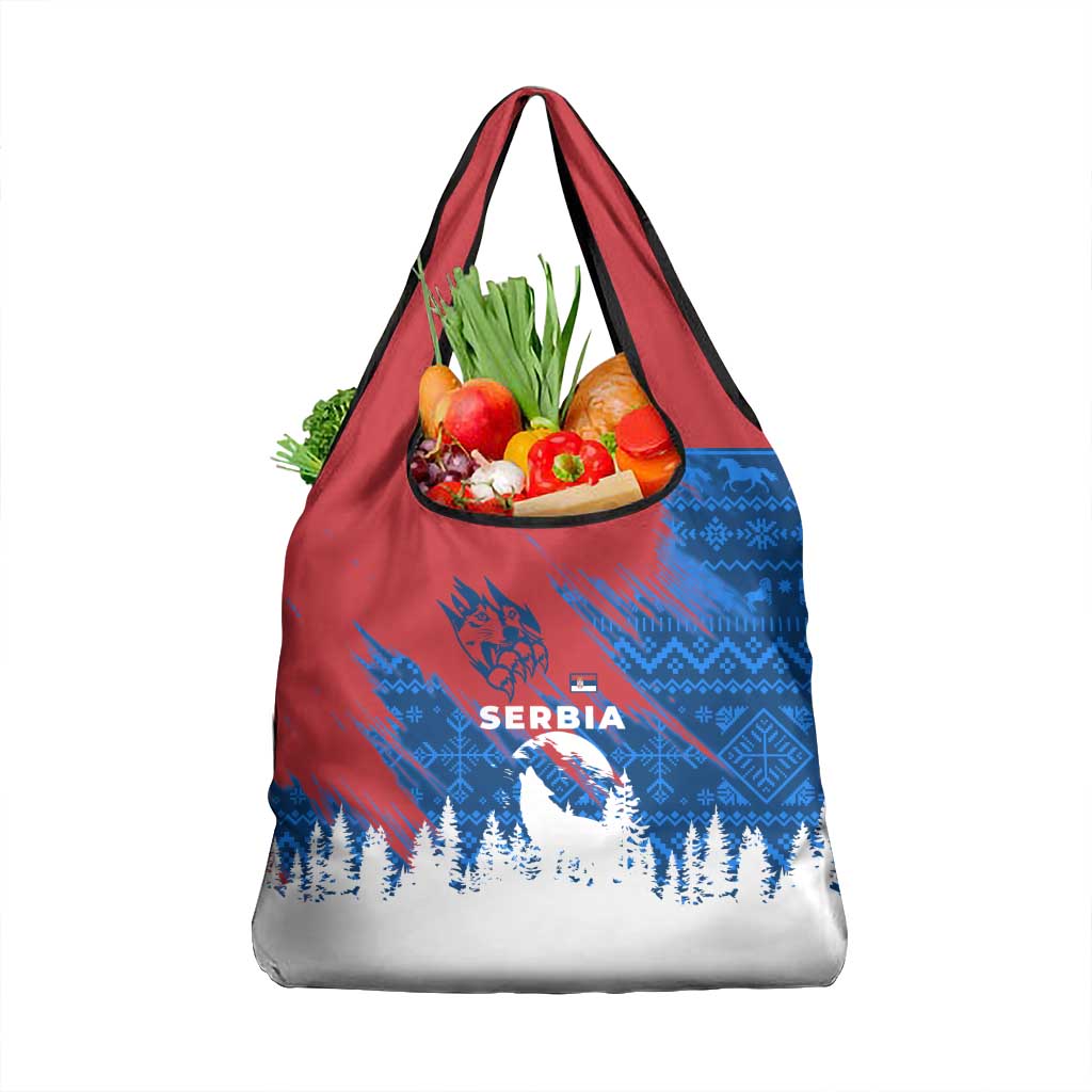 Serbia Christmas Grocery Bag with Wolf Howling Moon Serbian Flag and Red Blue White Winter Forest Pattern Design - Wonder Print Shop