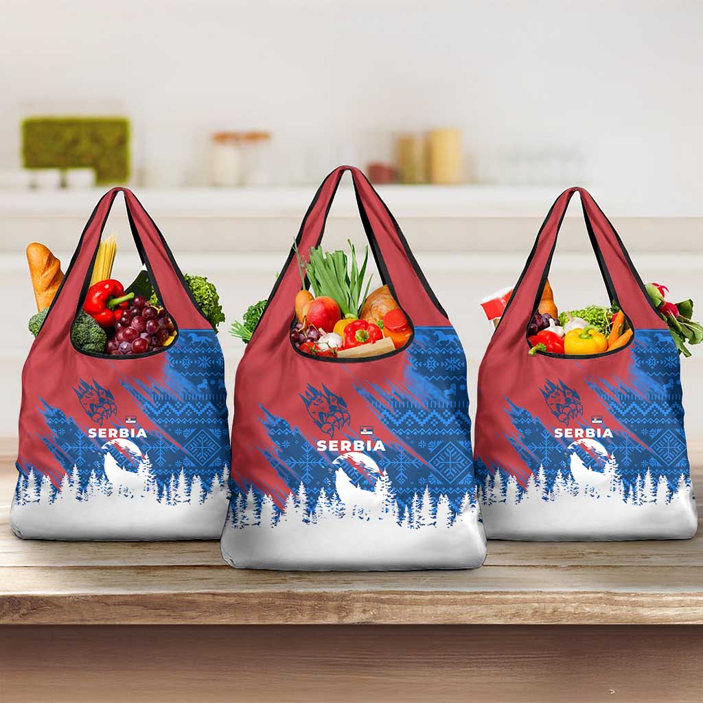 Serbia Christmas Grocery Bag with Wolf Howling Moon Serbian Flag and Red Blue White Winter Forest Pattern Design - Wonder Print Shop