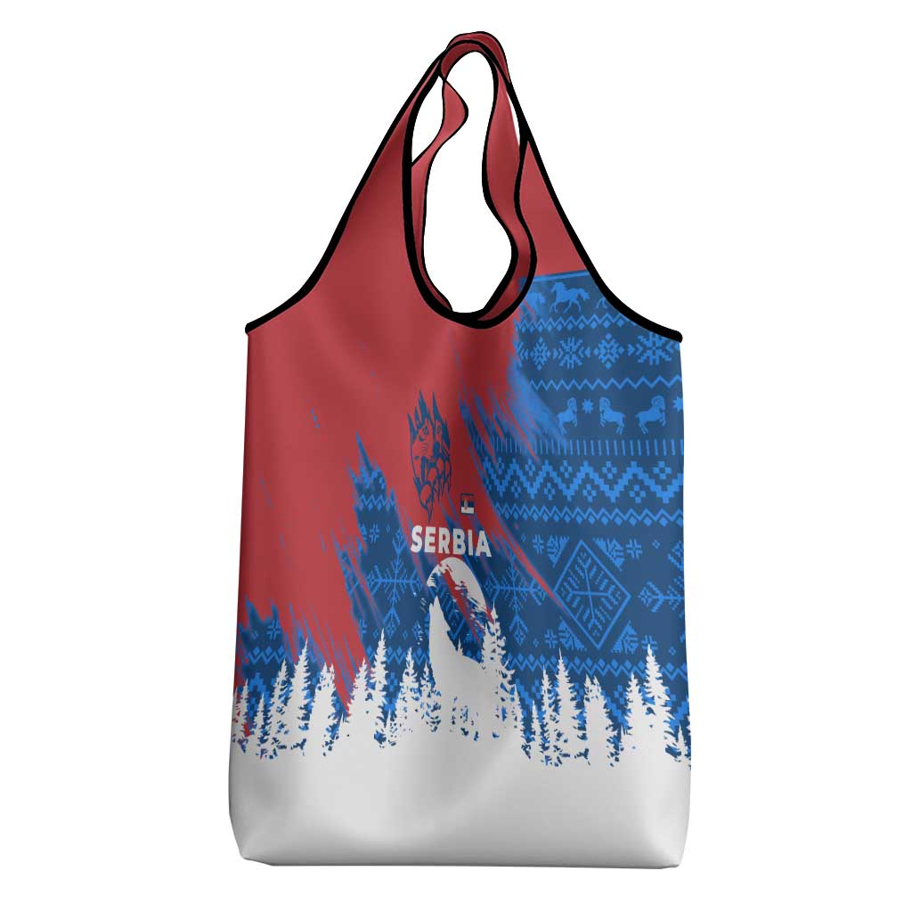 Serbia Christmas Grocery Bag with Wolf Howling Moon Serbian Flag and Red Blue White Winter Forest Pattern Design - Wonder Print Shop