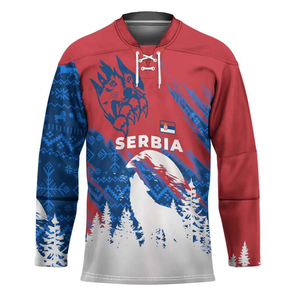 Serbia Christmas Hockey Jersey with Wolf Howling Moon Serbian Flag and Red Blue White Winter Forest Pattern Design - Wonder Print Shop
