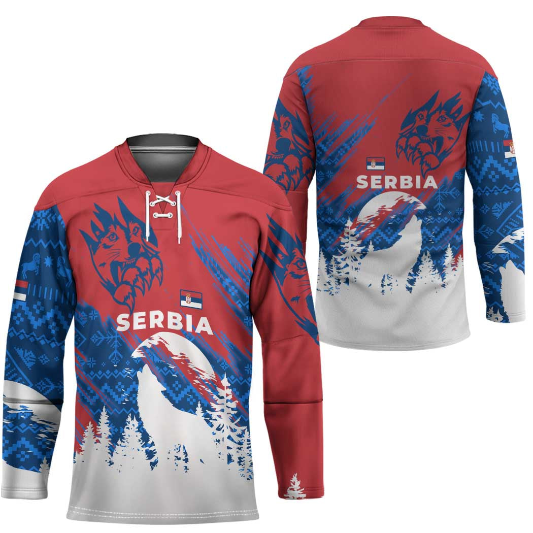 Serbia Christmas Hockey Jersey with Wolf Howling Moon Serbian Flag and Red Blue White Winter Forest Pattern Design - Wonder Print Shop