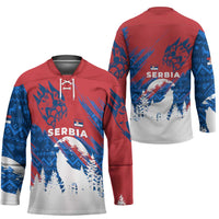 Serbia Christmas Hockey Jersey with Wolf Howling Moon Serbian Flag and Red Blue White Winter Forest Pattern Design - Wonder Print Shop