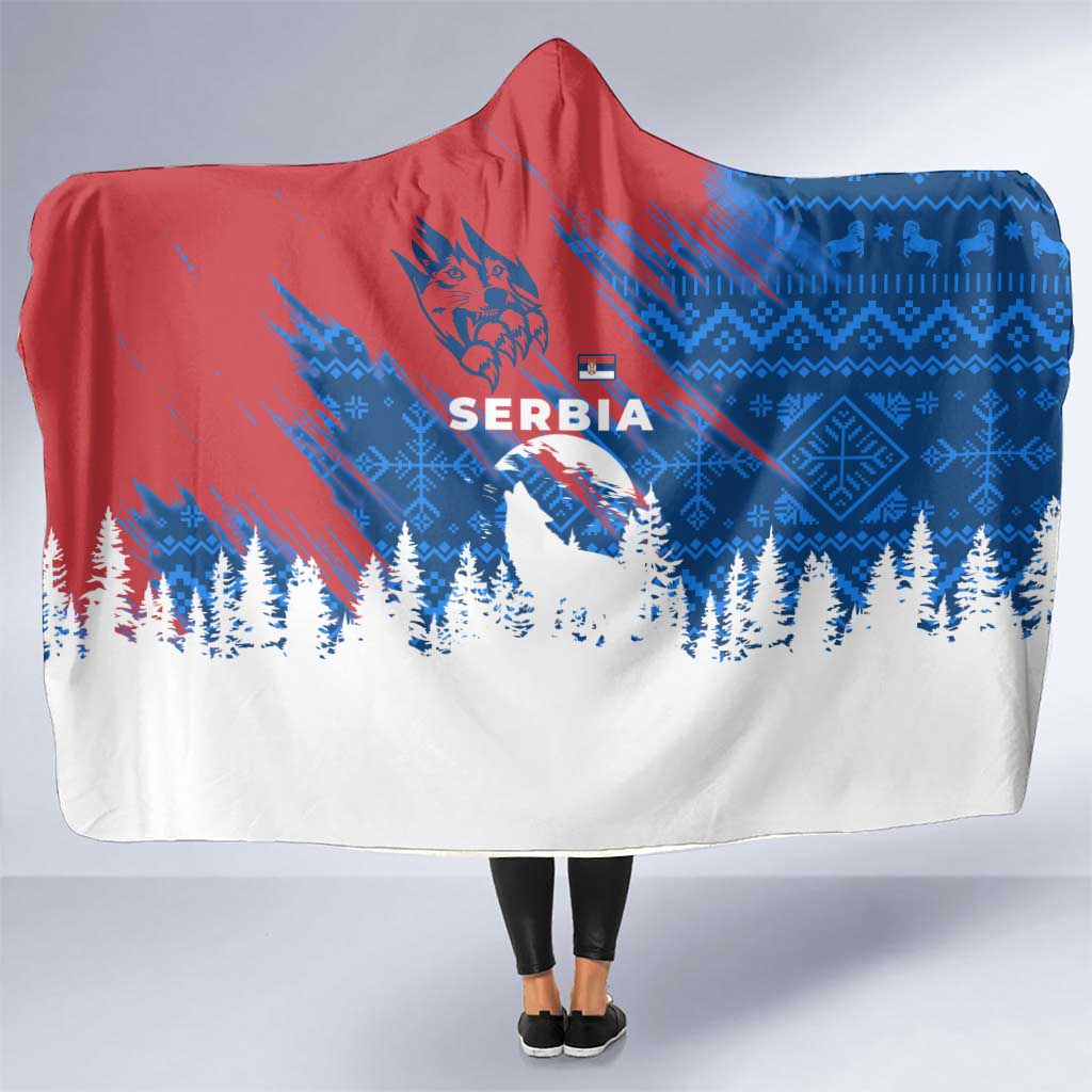 Serbia Christmas Hooded Blanket with Wolf Howling Moon Serbian Flag and Red Blue White Winter Forest Pattern Design - Wonder Print Shop