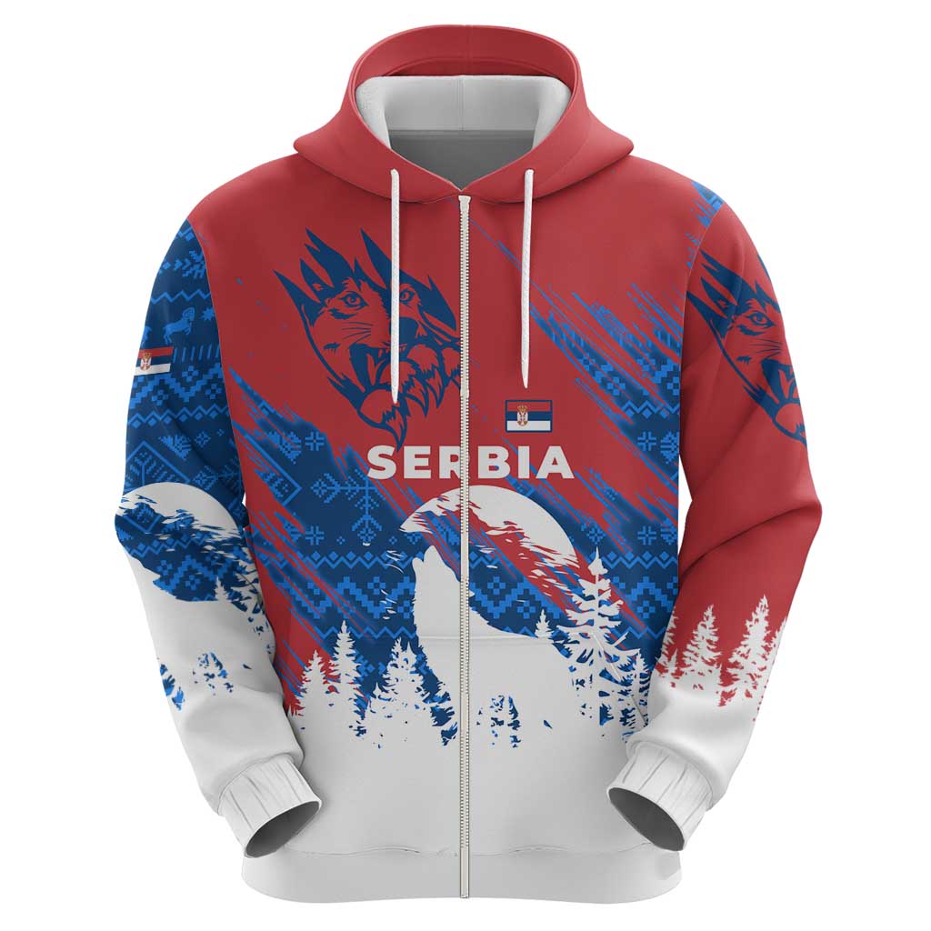 Serbia Christmas Hoodie with Wolf Howling Moon Serbian Flag and Red Blue White Winter Forest Pattern Design - Wonder Print Shop