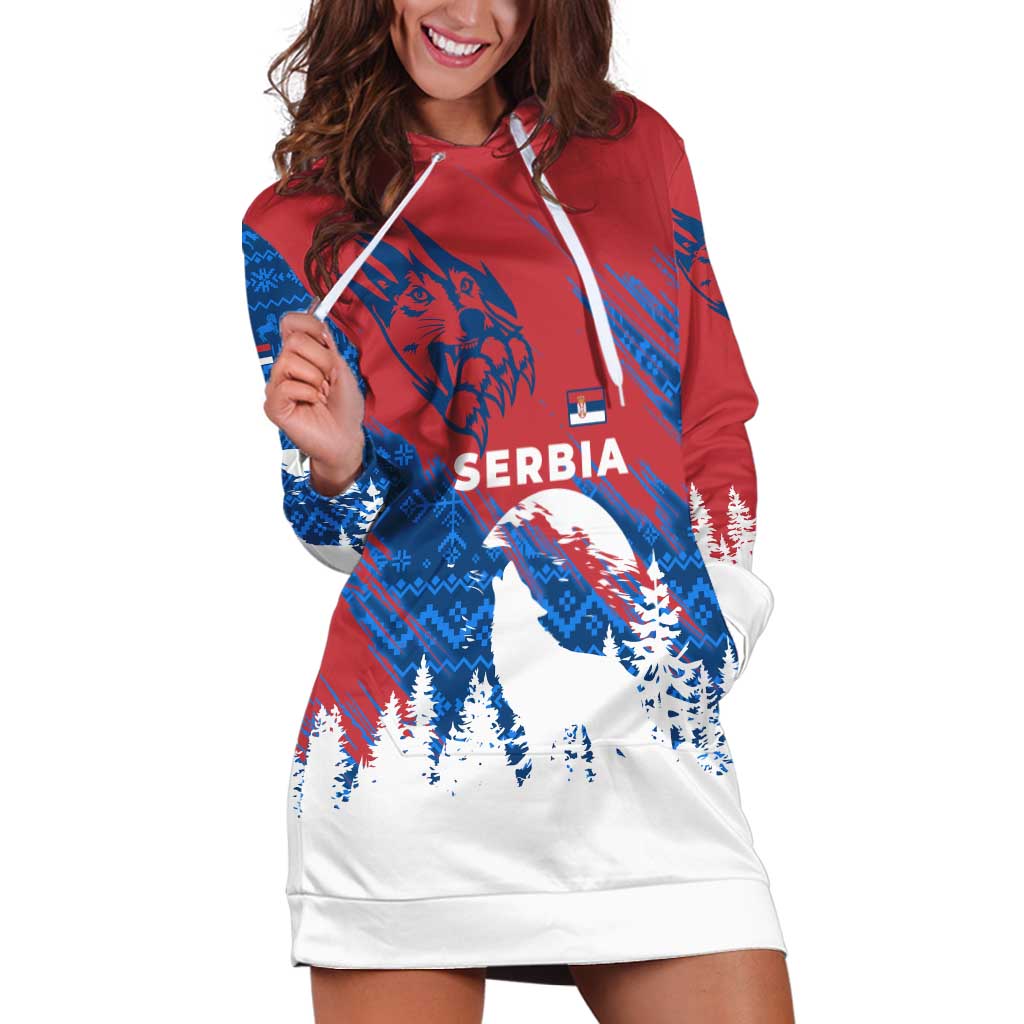 Serbia Christmas Hoodie Dress with Wolf Howling Moon Serbian Flag and Red Blue White Winter Forest Pattern Design - Wonder Print Shop