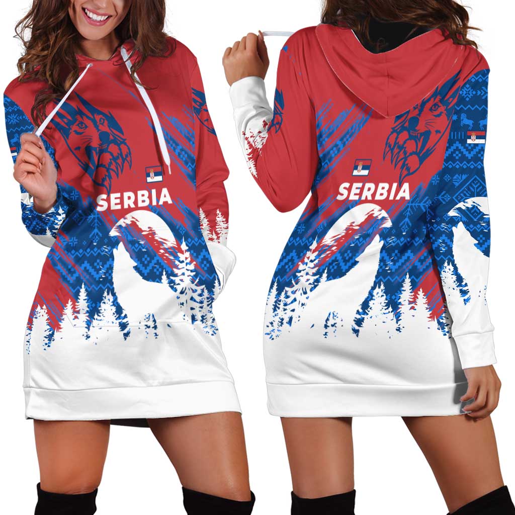 Serbia Christmas Hoodie Dress with Wolf Howling Moon Serbian Flag and Red Blue White Winter Forest Pattern Design - Wonder Print Shop