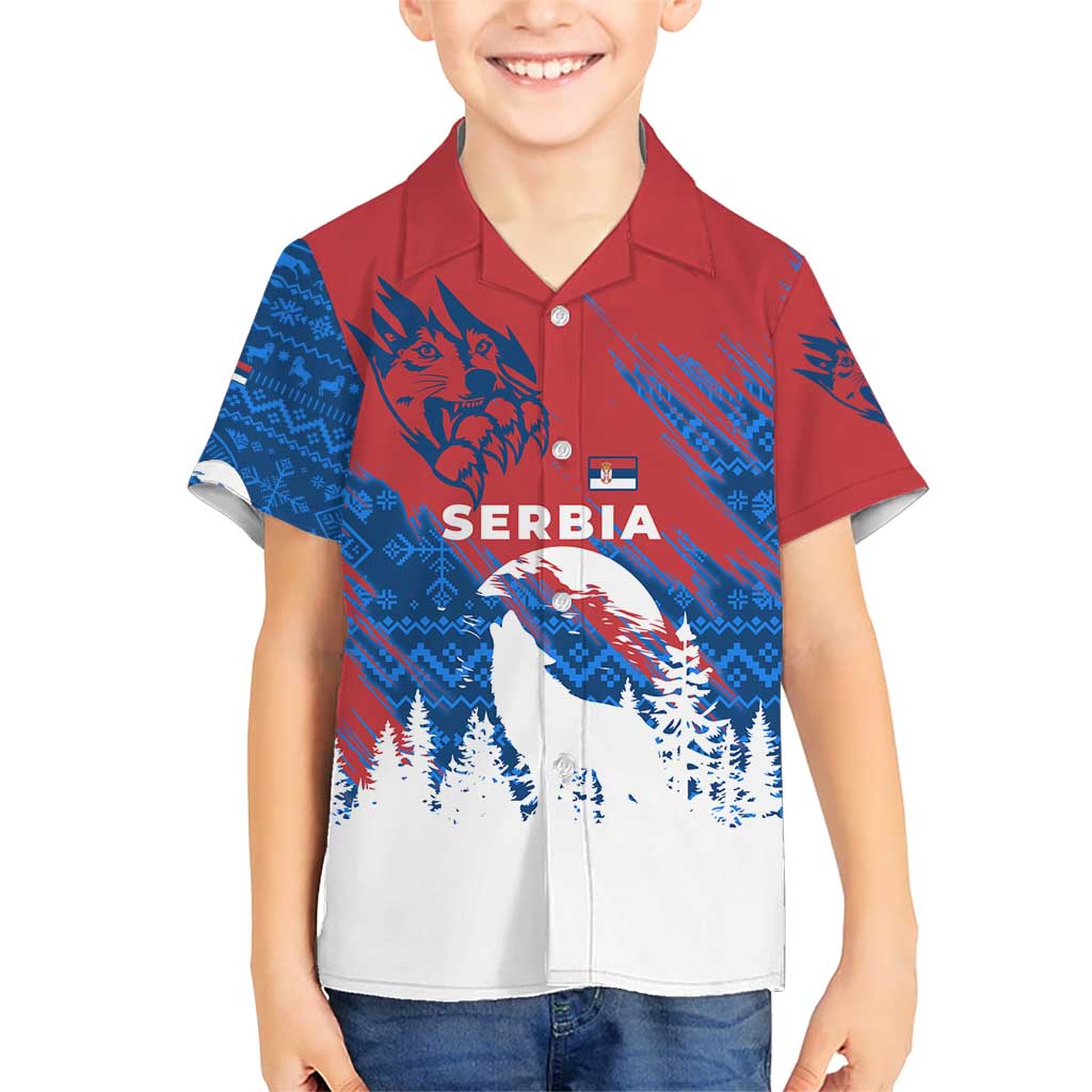 Serbia Christmas Kid Hawaiian Shirt with Wolf Howling Moon Serbian Flag and Red Blue White Winter Forest Pattern Design - Wonder Print Shop