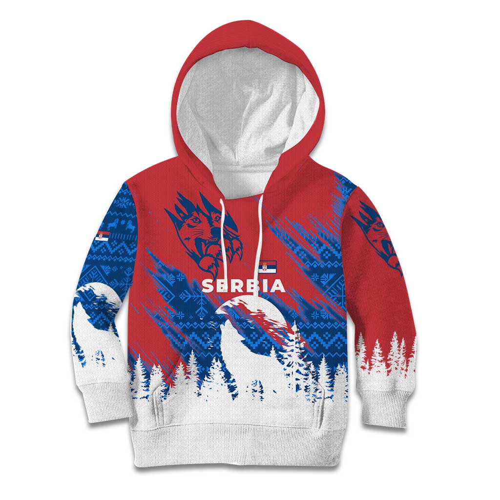 Serbia Christmas Kid Hoodie with Wolf Howling Moon Serbian Flag and Red Blue White Winter Forest Pattern Design - Wonder Print Shop