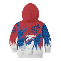 Serbia Christmas Kid Hoodie with Wolf Howling Moon Serbian Flag and Red Blue White Winter Forest Pattern Design - Wonder Print Shop