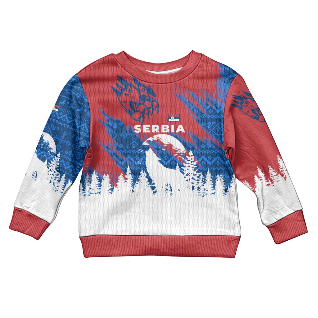 Serbia Christmas Kid Ugly Christmas Sweater with Wolf Howling Moon Serbian Flag and Red Blue White Winter Forest Pattern Design - Wonder Print Shop