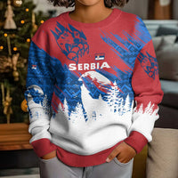 Serbia Christmas Kid Ugly Christmas Sweater with Wolf Howling Moon Serbian Flag and Red Blue White Winter Forest Pattern Design - Wonder Print Shop