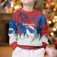 Serbia Christmas Kid Ugly Christmas Sweater with Wolf Howling Moon Serbian Flag and Red Blue White Winter Forest Pattern Design - Wonder Print Shop
