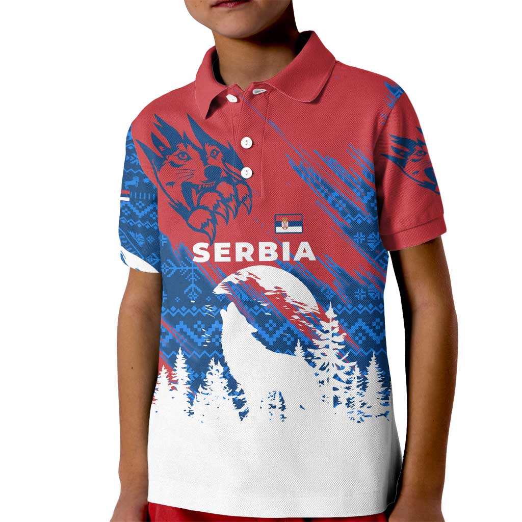 Serbia Christmas Kid Polo Shirt with Wolf Howling Moon Serbian Flag and Red Blue White Winter Forest Pattern Design - Wonder Print Shop