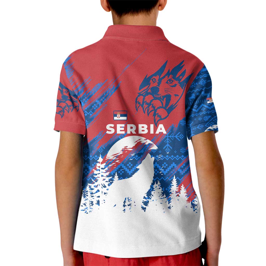 Serbia Christmas Kid Polo Shirt with Wolf Howling Moon Serbian Flag and Red Blue White Winter Forest Pattern Design - Wonder Print Shop