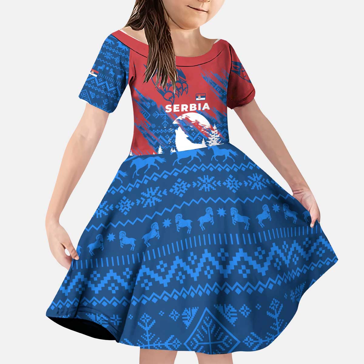 Serbia Christmas Kid Short Sleeve Dress with Wolf Howling Moon Serbian Flag and Red Blue White Winter Forest Pattern Design - Wonder Print Shop