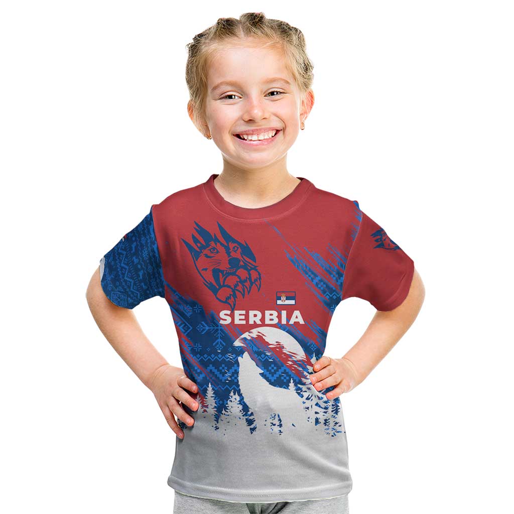 Serbia Christmas Kid T Shirt with Wolf Howling Moon Serbian Flag and Red Blue White Winter Forest Pattern Design - Wonder Print Shop