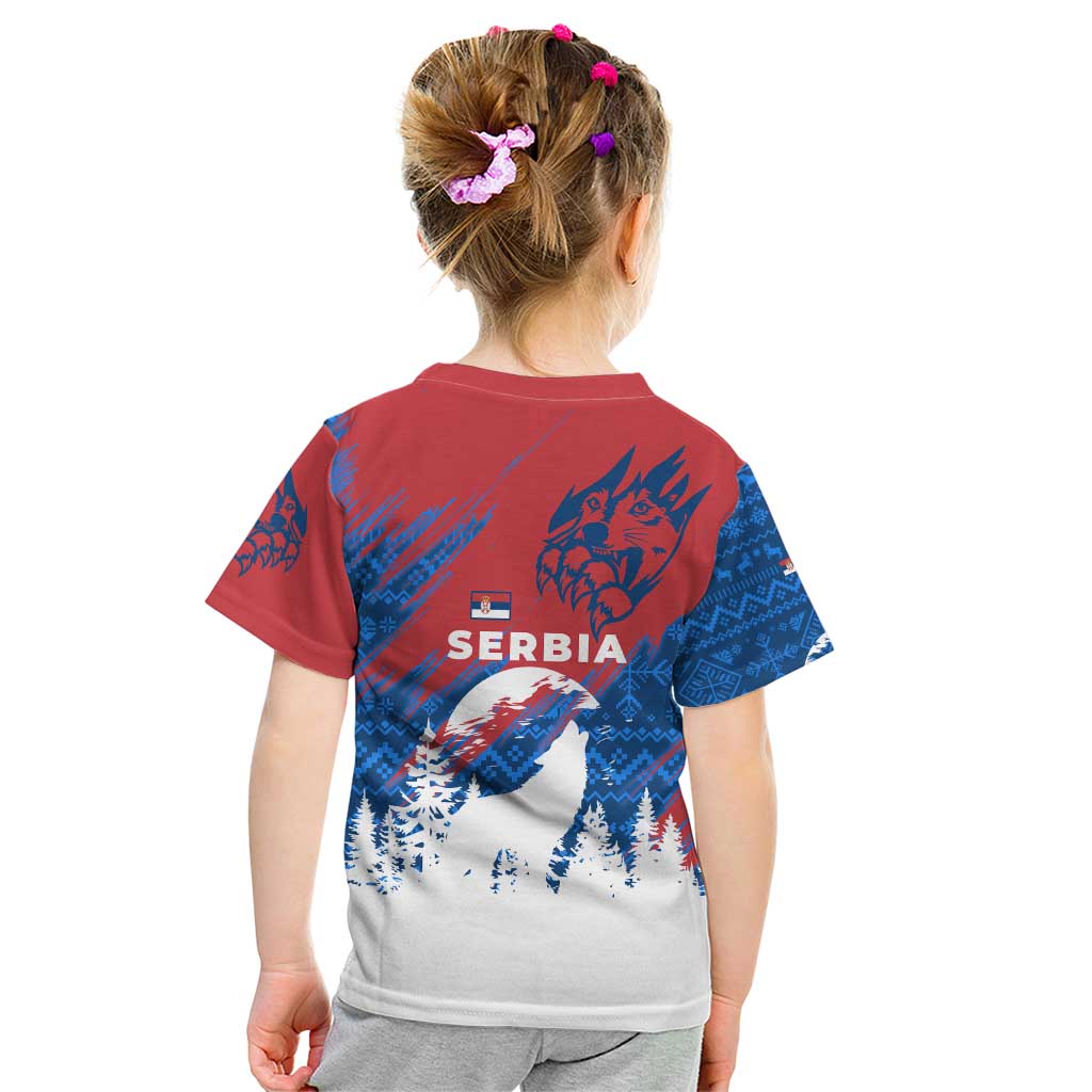 Serbia Christmas Kid T Shirt with Wolf Howling Moon Serbian Flag and Red Blue White Winter Forest Pattern Design - Wonder Print Shop
