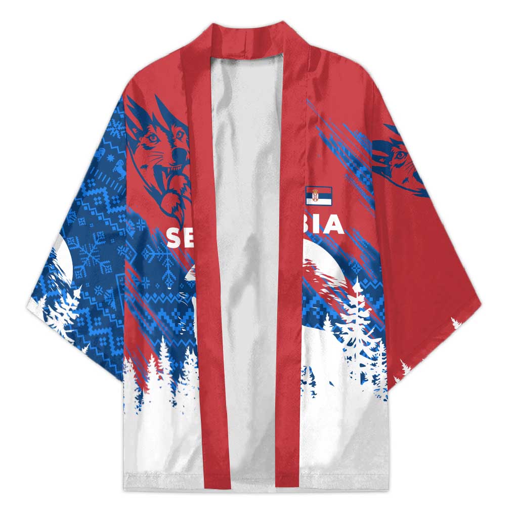 Serbia Christmas Kimono with Wolf Howling Moon Serbian Flag and Red Blue White Winter Forest Pattern Design - Wonder Print Shop