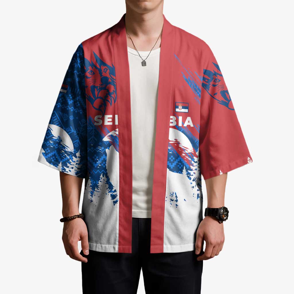 Serbia Christmas Kimono with Wolf Howling Moon Serbian Flag and Red Blue White Winter Forest Pattern Design - Wonder Print Shop