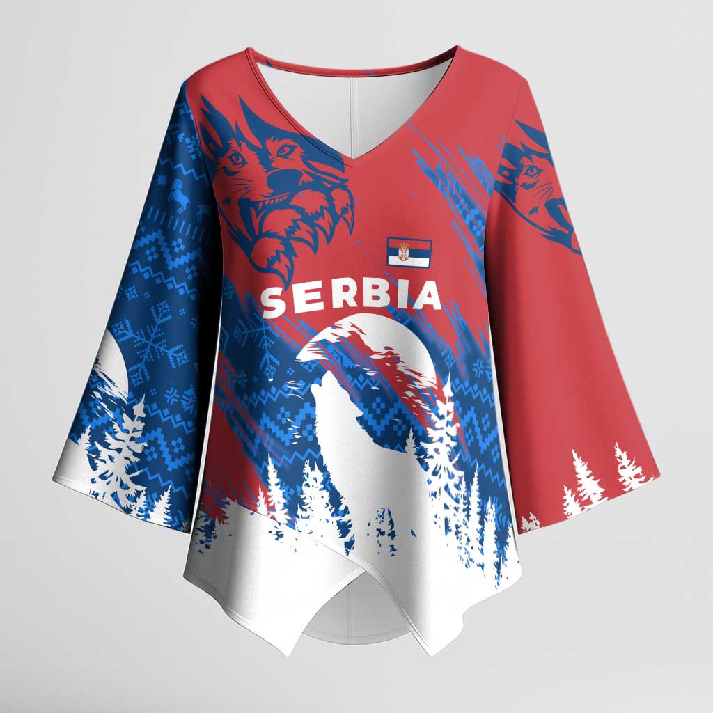 Serbia Christmas Kimono Sleeve Blouse with Wolf Howling Moon Serbian Flag and Red Blue White Winter Forest Pattern Design - Wonder Print Shop