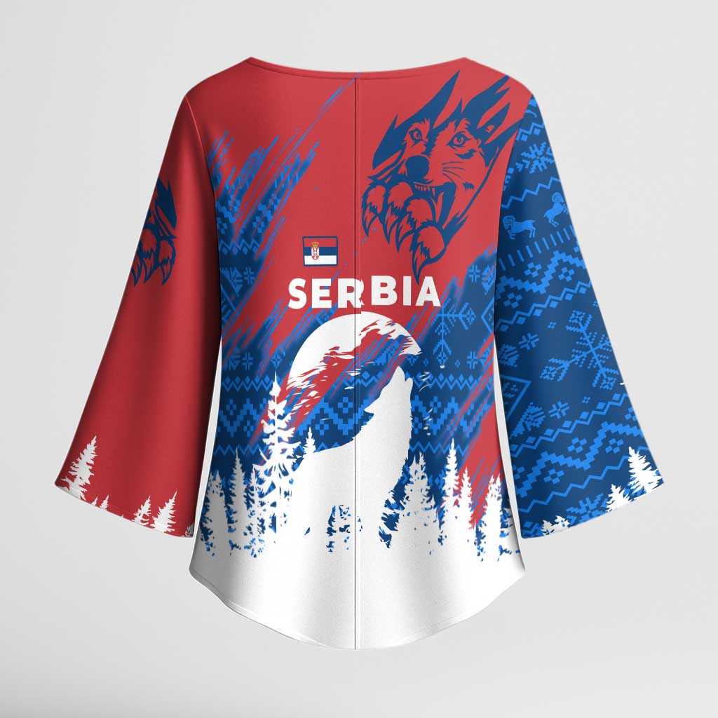 Serbia Christmas Kimono Sleeve Blouse with Wolf Howling Moon Serbian Flag and Red Blue White Winter Forest Pattern Design - Wonder Print Shop