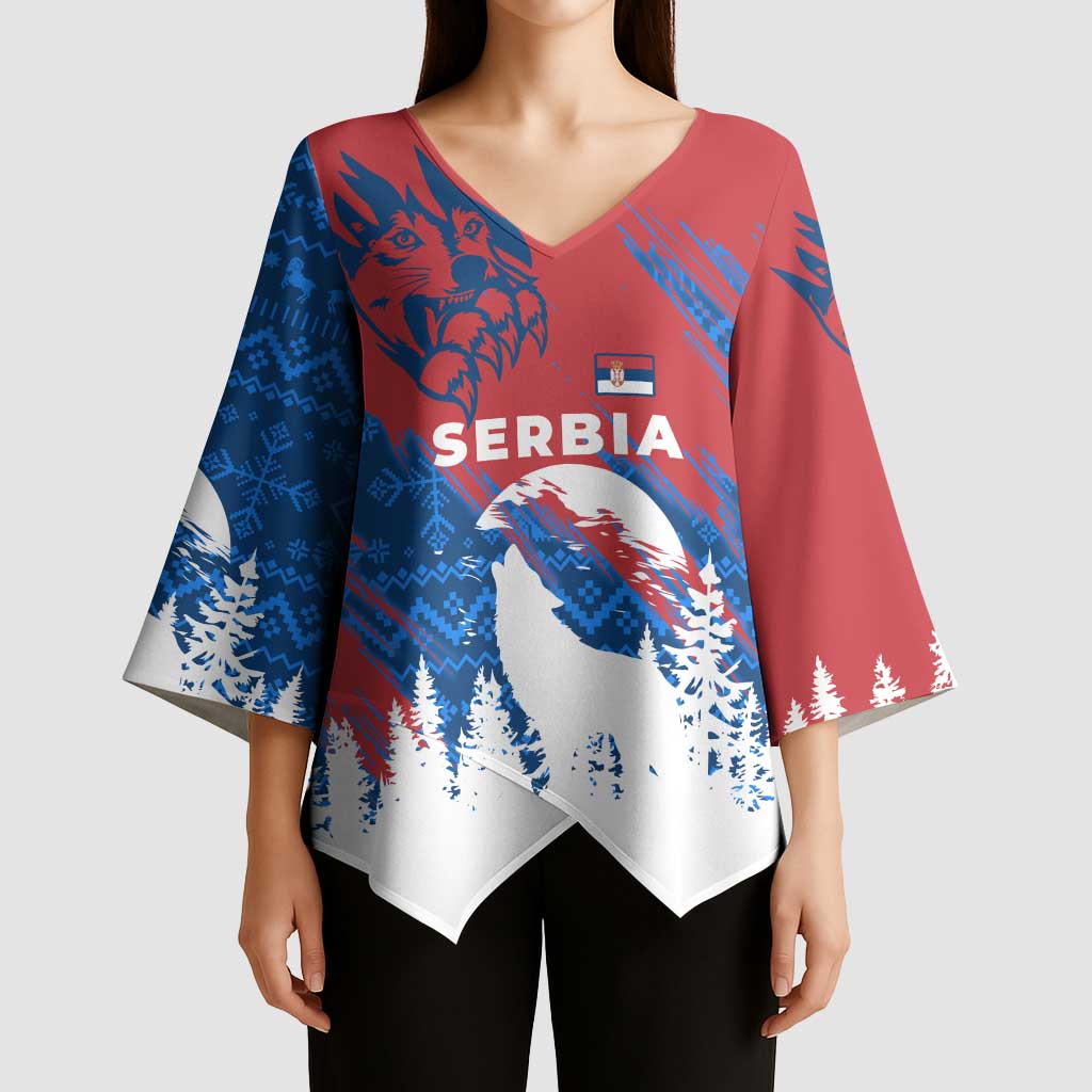 Serbia Christmas Kimono Sleeve Blouse with Wolf Howling Moon Serbian Flag and Red Blue White Winter Forest Pattern Design - Wonder Print Shop