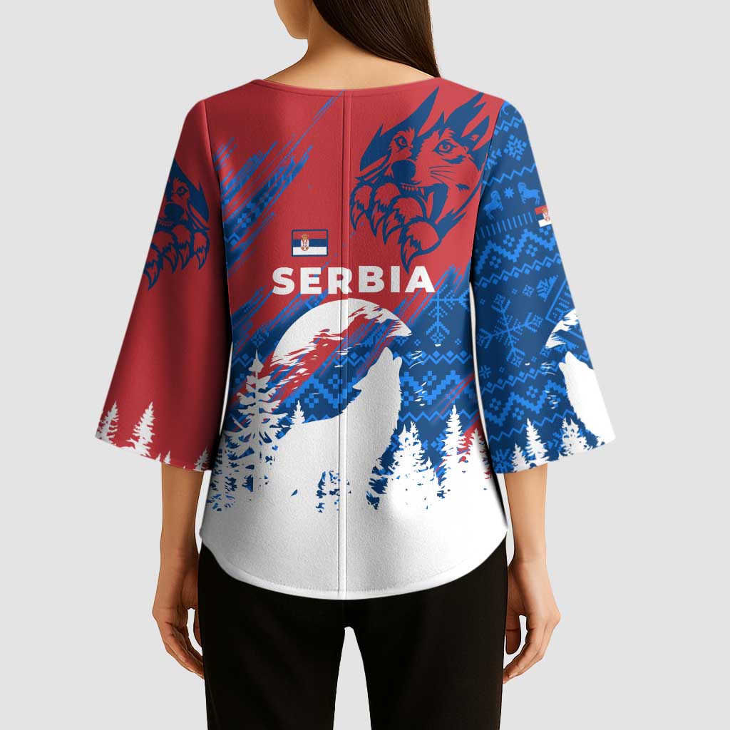 Serbia Christmas Kimono Sleeve Blouse with Wolf Howling Moon Serbian Flag and Red Blue White Winter Forest Pattern Design - Wonder Print Shop