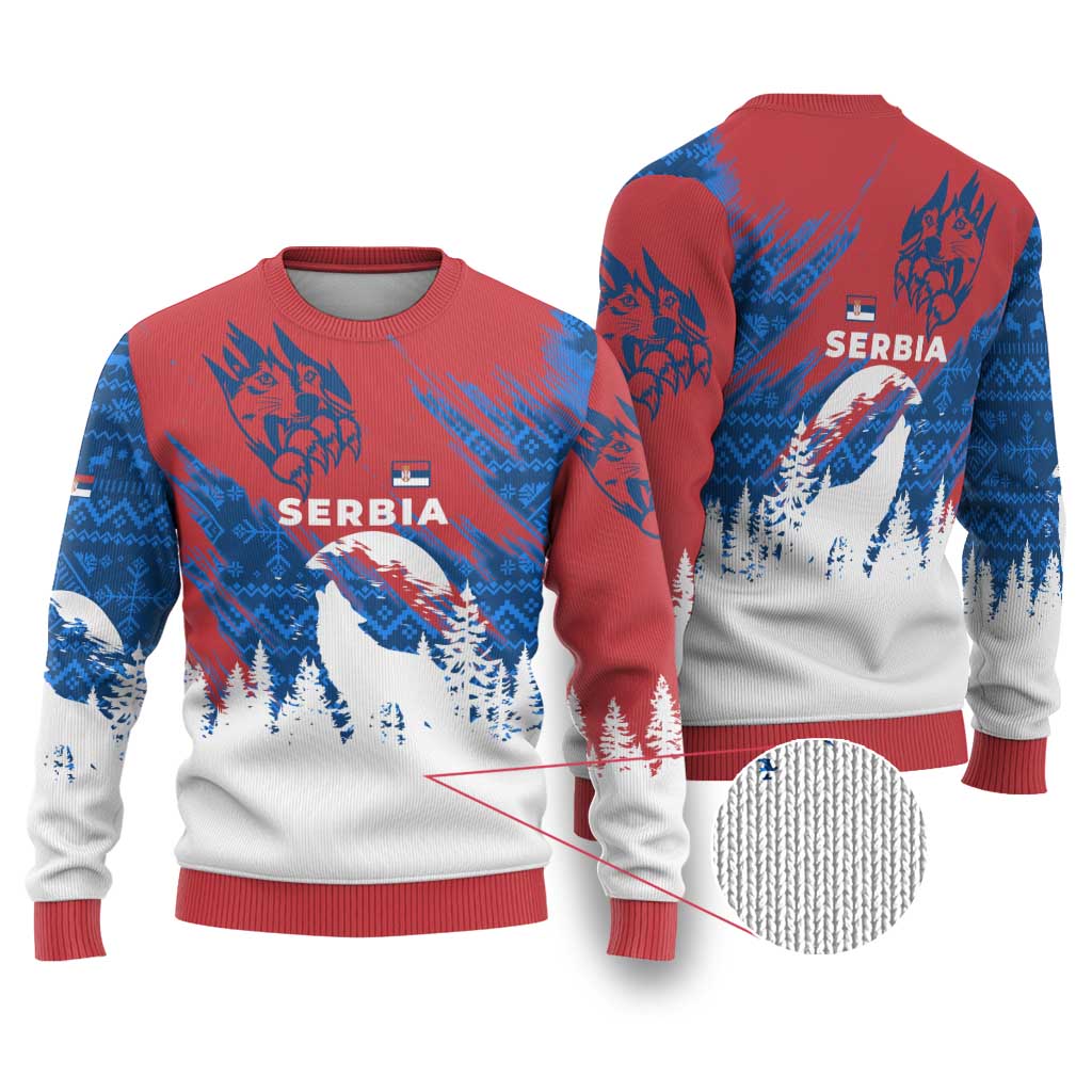 Serbia Christmas Ugly Christmas Sweater with Wolf Howling Moon Serbian Flag and Red Blue White Winter Forest Pattern Design - Wonder Print Shop