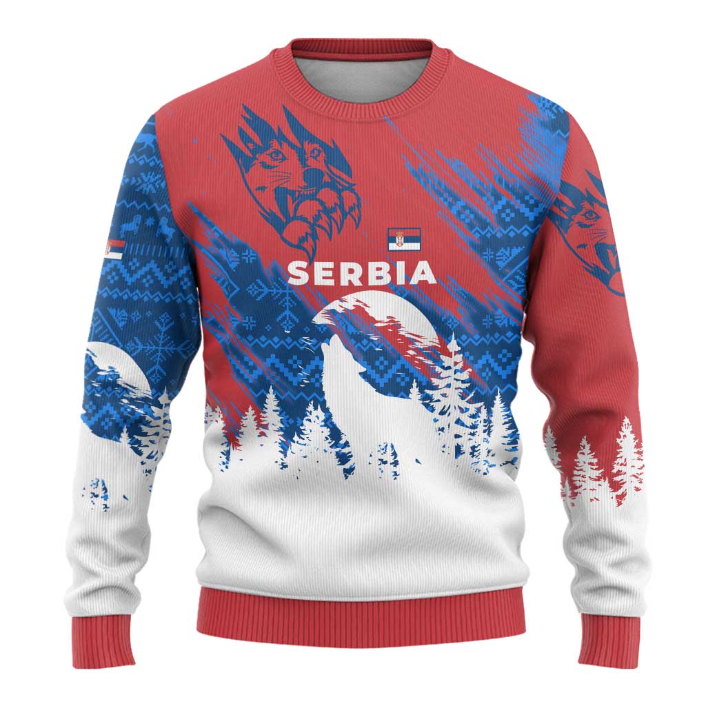 Serbia Christmas Ugly Christmas Sweater with Wolf Howling Moon Serbian Flag and Red Blue White Winter Forest Pattern Design - Wonder Print Shop