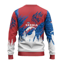 Serbia Christmas Ugly Christmas Sweater with Wolf Howling Moon Serbian Flag and Red Blue White Winter Forest Pattern Design - Wonder Print Shop