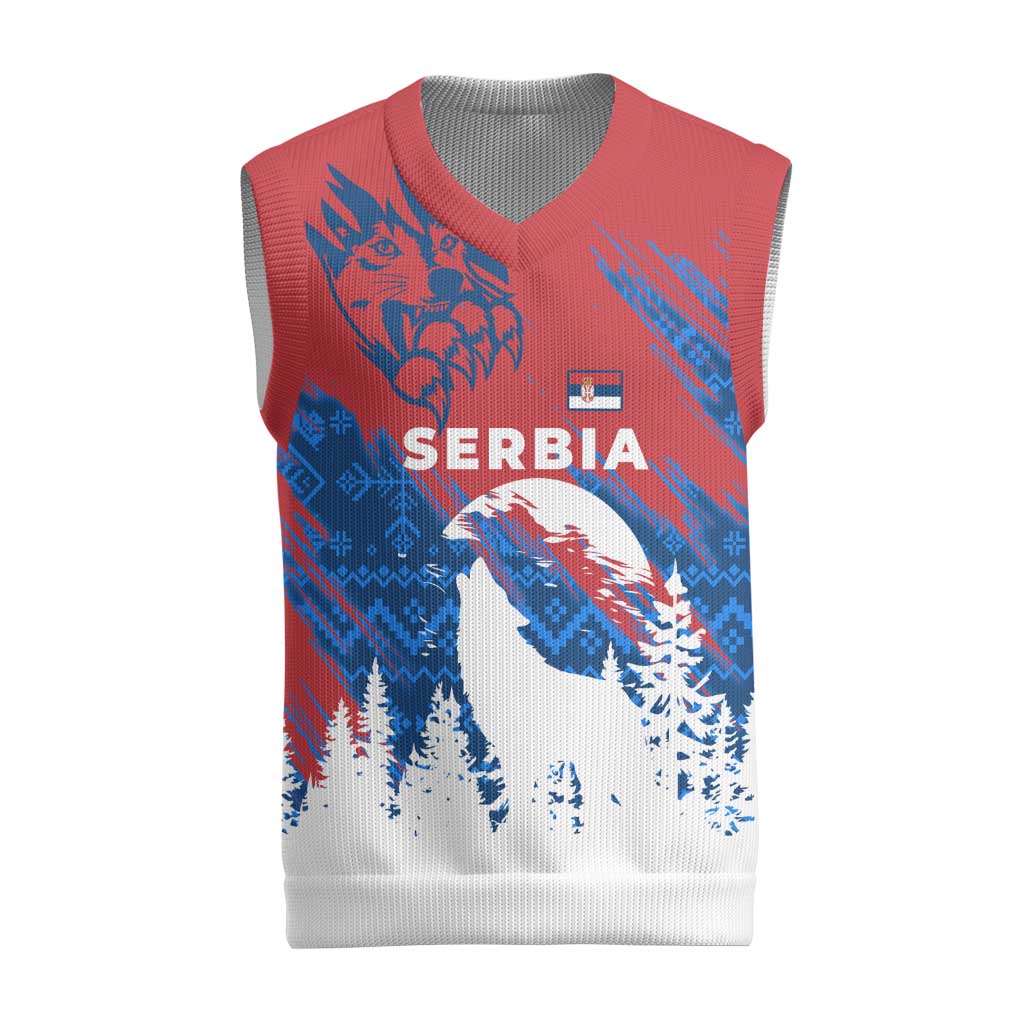 Serbia Christmas Knitted V-Neck Vest with Wolf Howling Moon Serbian Flag and Red Blue White Winter Forest Pattern Design - Wonder Print Shop
