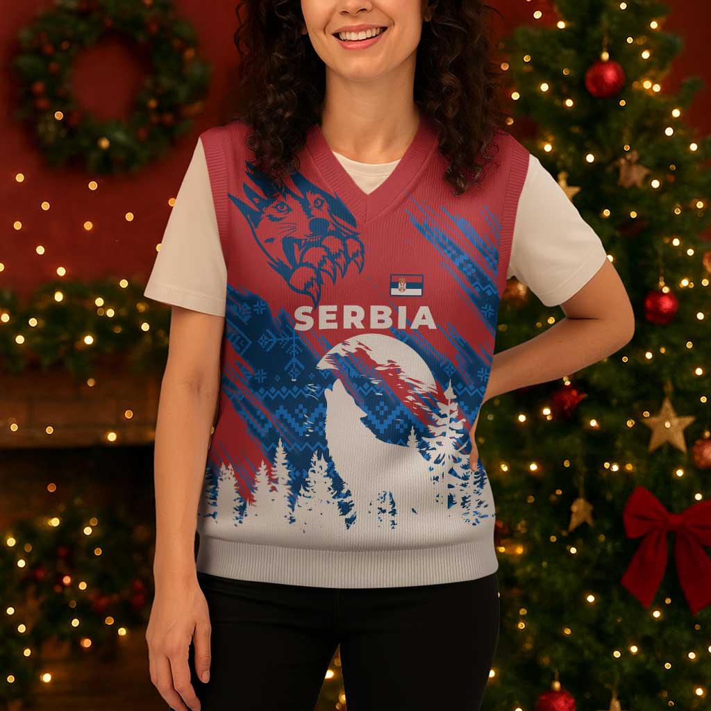 Serbia Christmas Knitted V-Neck Vest with Wolf Howling Moon Serbian Flag and Red Blue White Winter Forest Pattern Design - Wonder Print Shop
