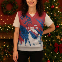 Serbia Christmas Knitted V-Neck Vest with Wolf Howling Moon Serbian Flag and Red Blue White Winter Forest Pattern Design - Wonder Print Shop
