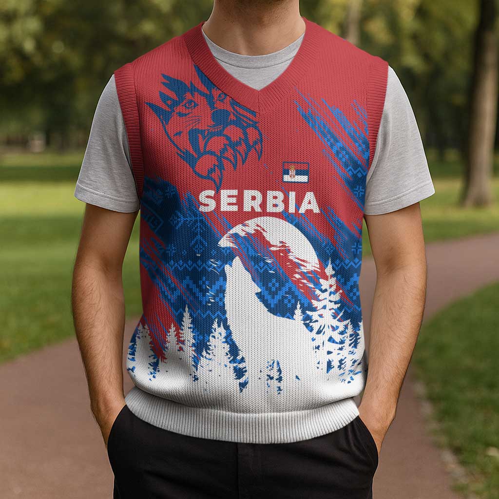 Serbia Christmas Knitted V-Neck Vest with Wolf Howling Moon Serbian Flag and Red Blue White Winter Forest Pattern Design - Wonder Print Shop