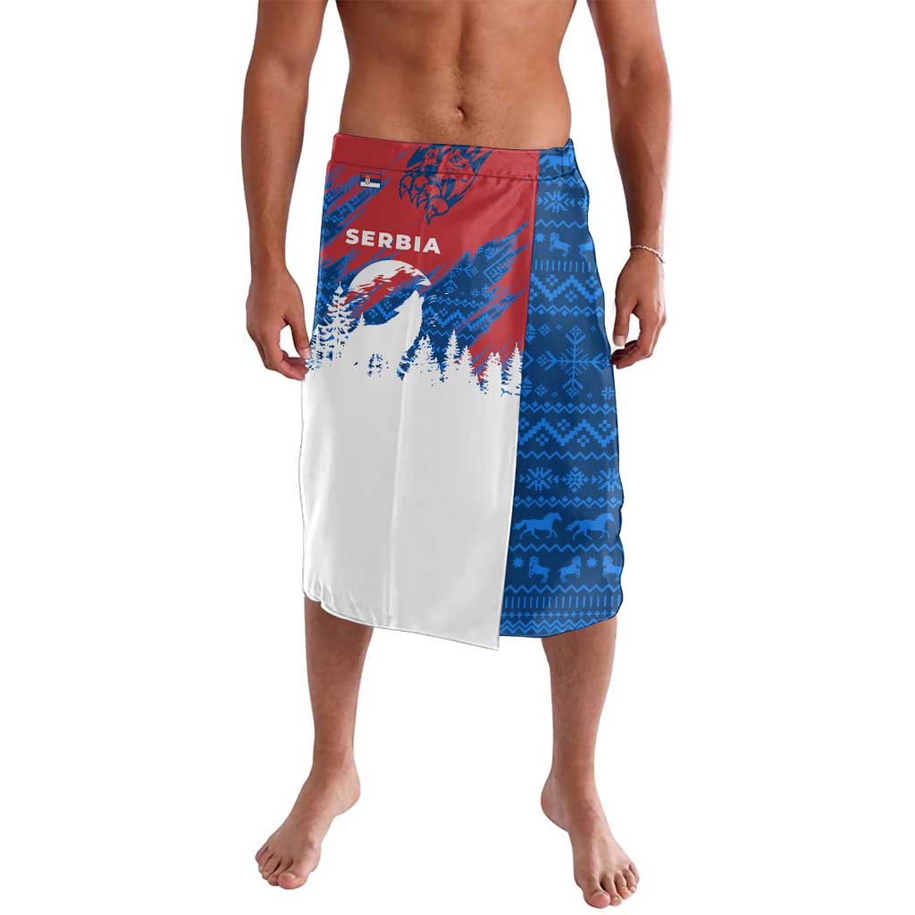 Serbia Christmas Lavalava with Wolf Howling Moon Serbian Flag and Red Blue White Winter Forest Pattern Design - Wonder Print Shop